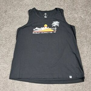 Hurley Supply Co Mens Graphic Tank Top Black Tropical Sunset Palm Tree Large